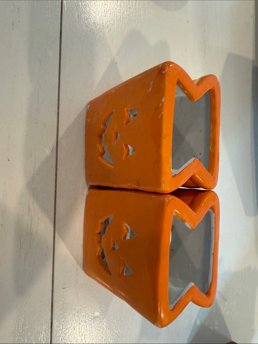Pair of Orange Ceramic Jack-O'-Lantern Votive Candle Holders - Unbranded